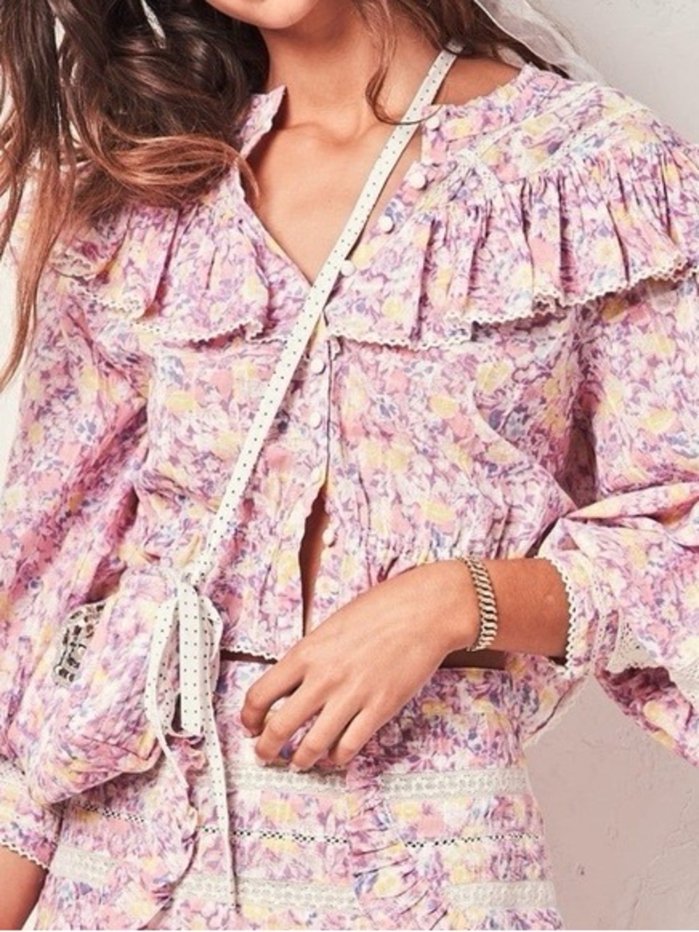 LoveShackFancy Pink Floral Lace-Trim Ruffle Blouse